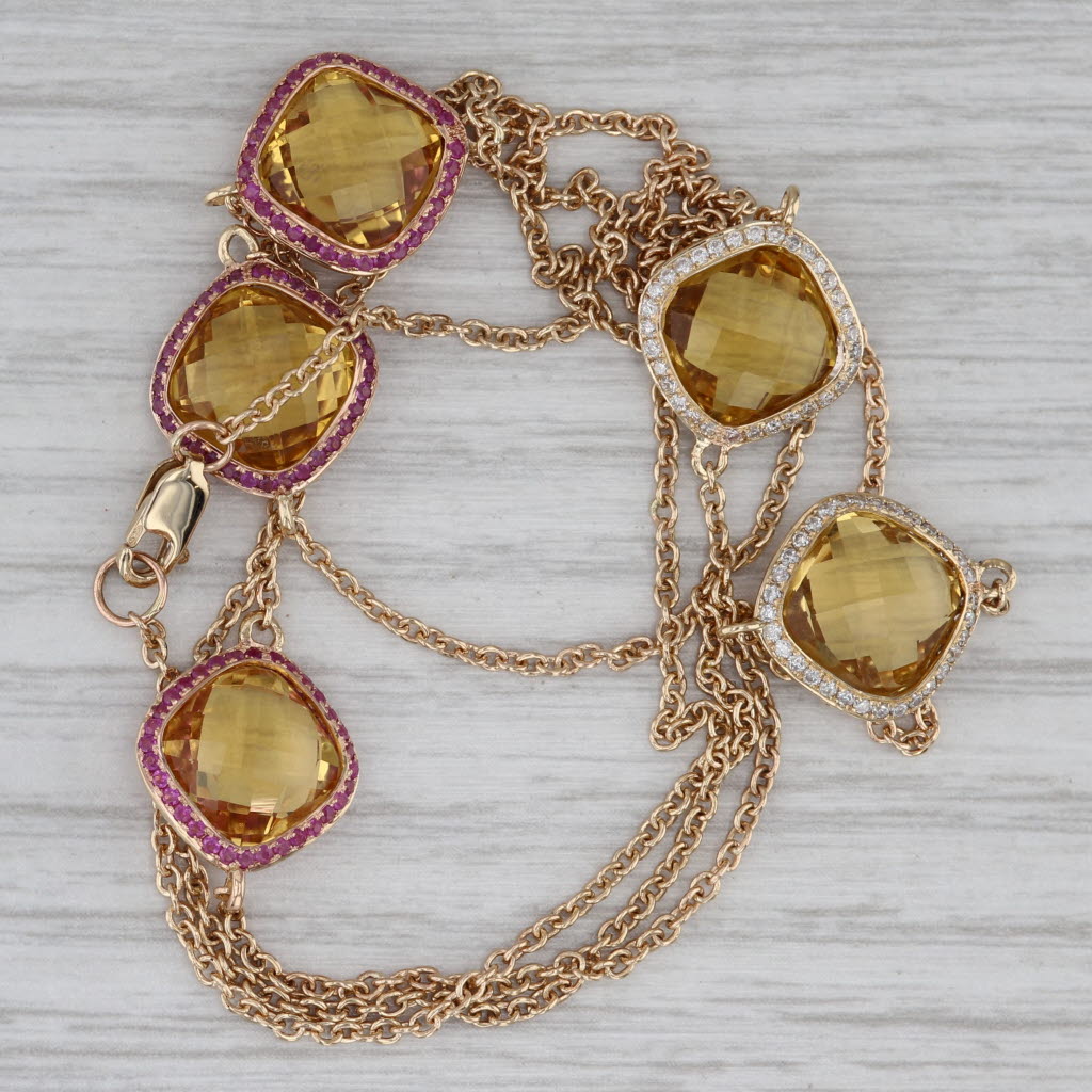 Gray 5.25ctw Citrine Ruby Diamond Station Necklace 14k Yellow Gold 27.25" Cable Chain
