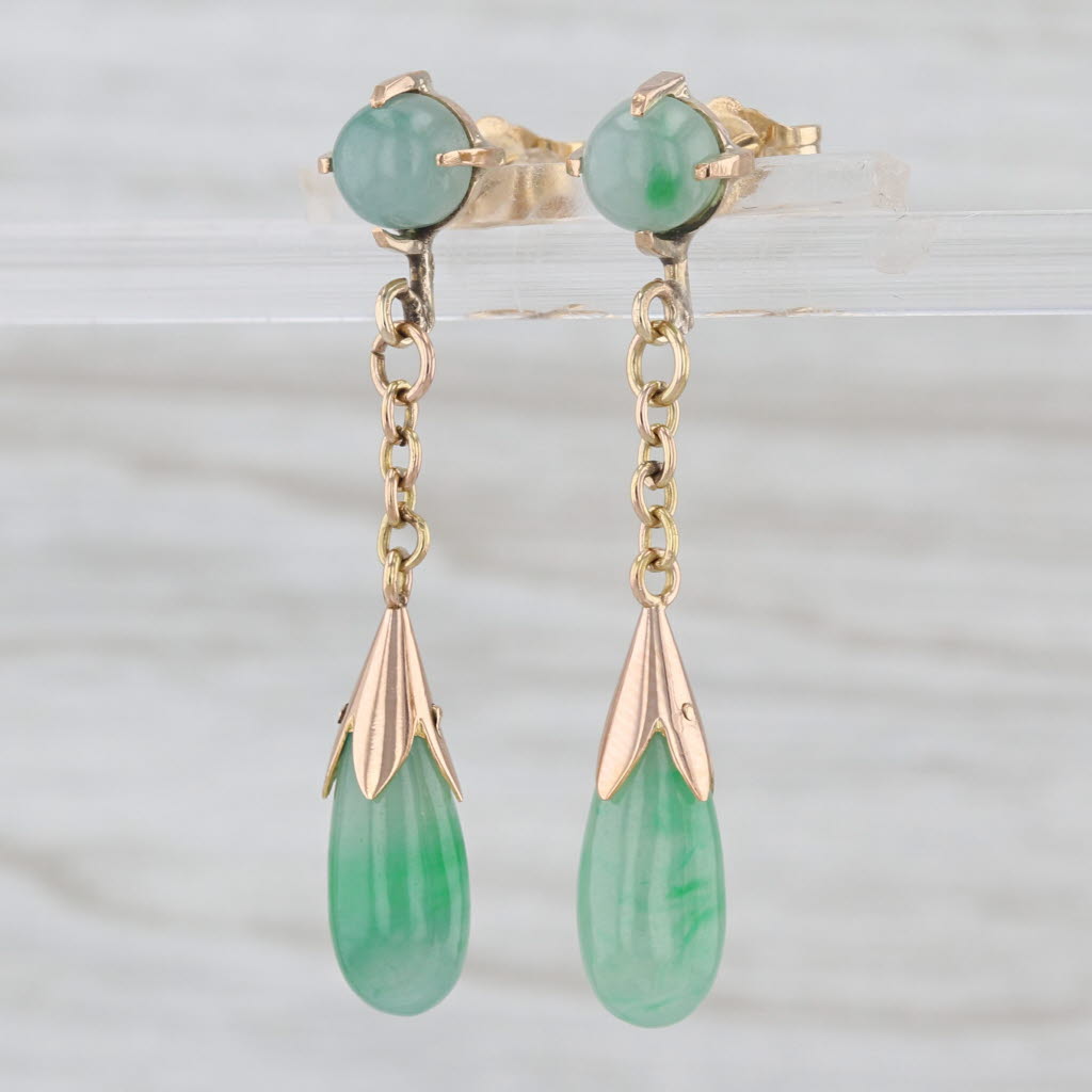Green Jadeite Jade Cabochon Dangle Earrings 14k Yellow Gold Drops