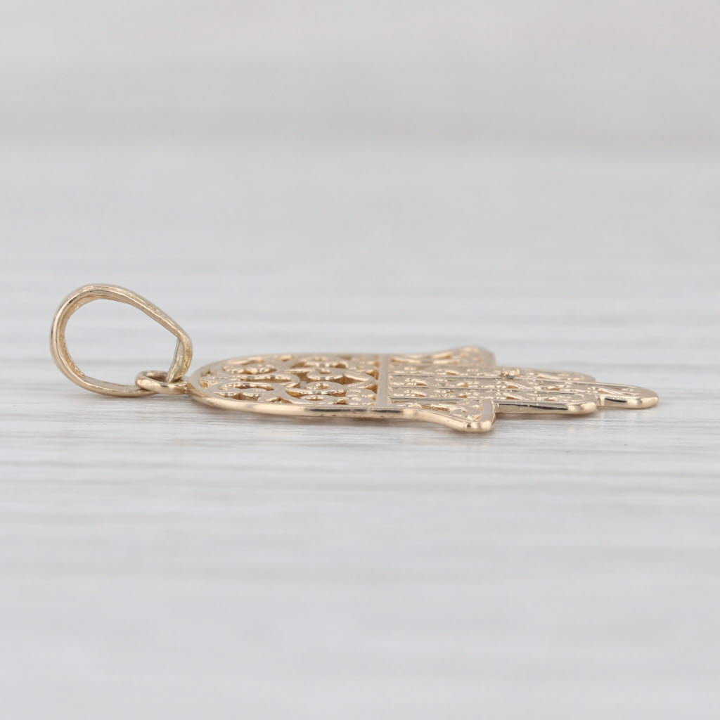 Ornate Openwork Hamsa Fatima Hand Pendant 14k Yellow Gold Charm