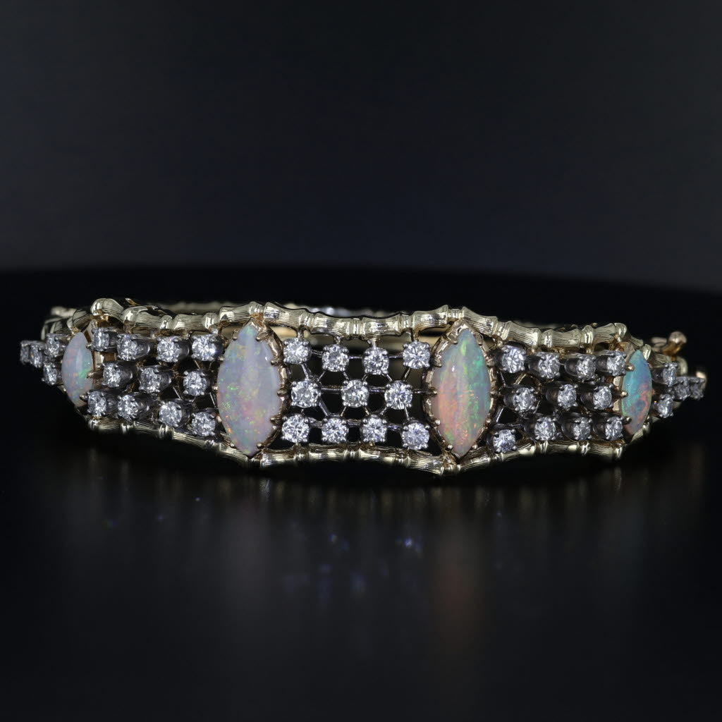 Black Opal 1.71ctw Diamond Bangle Bracelet 14k Yellow Gold 6.5" Hinged Statement