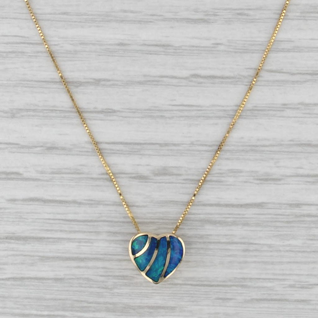 Blue Green Opal Mosaic Heart Pendant Necklace 14k Yellow Gold Box Chain Necklace