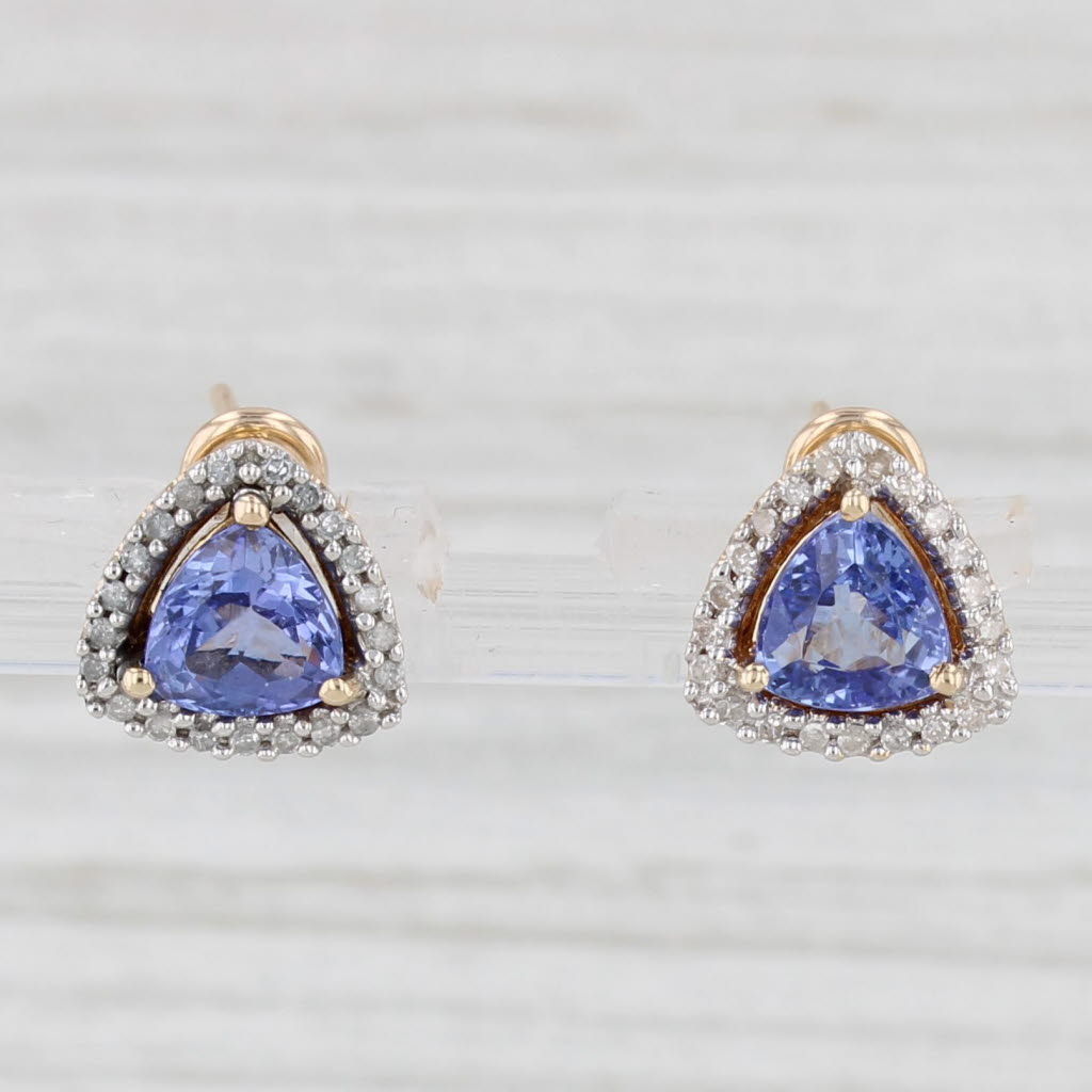 Light Gray 1.55ctw Tanzanite Diamond Halo Stud Earrings 14k Yellow Gold Omega Backs