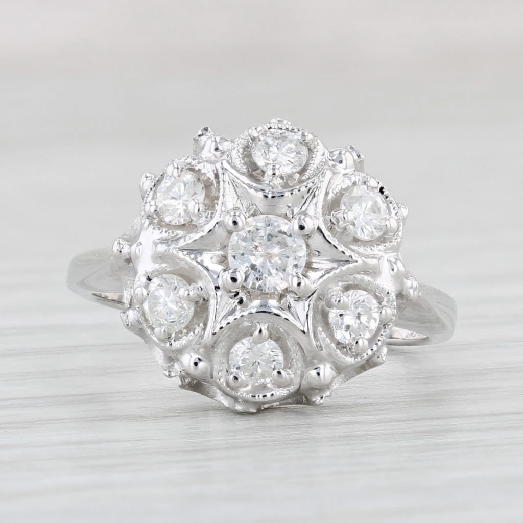 Light Gray 0.80ctw Diamond Flower Cluster Ring 14k White Gold Size 6 Engagement Vintage