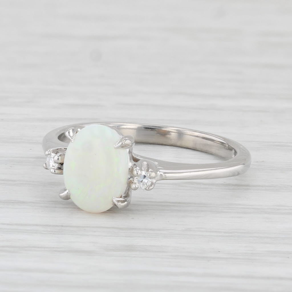 Light Gray Oval Cabochon Opal Diamond Ring 10k White Gold Size 5.75