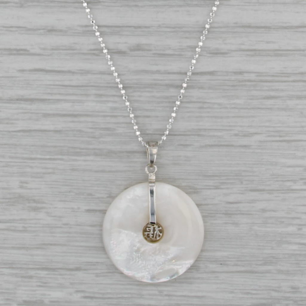 Mother of Pearl Chinese Fu Good Fortune Pendant 16" Necklace Sterling Silver