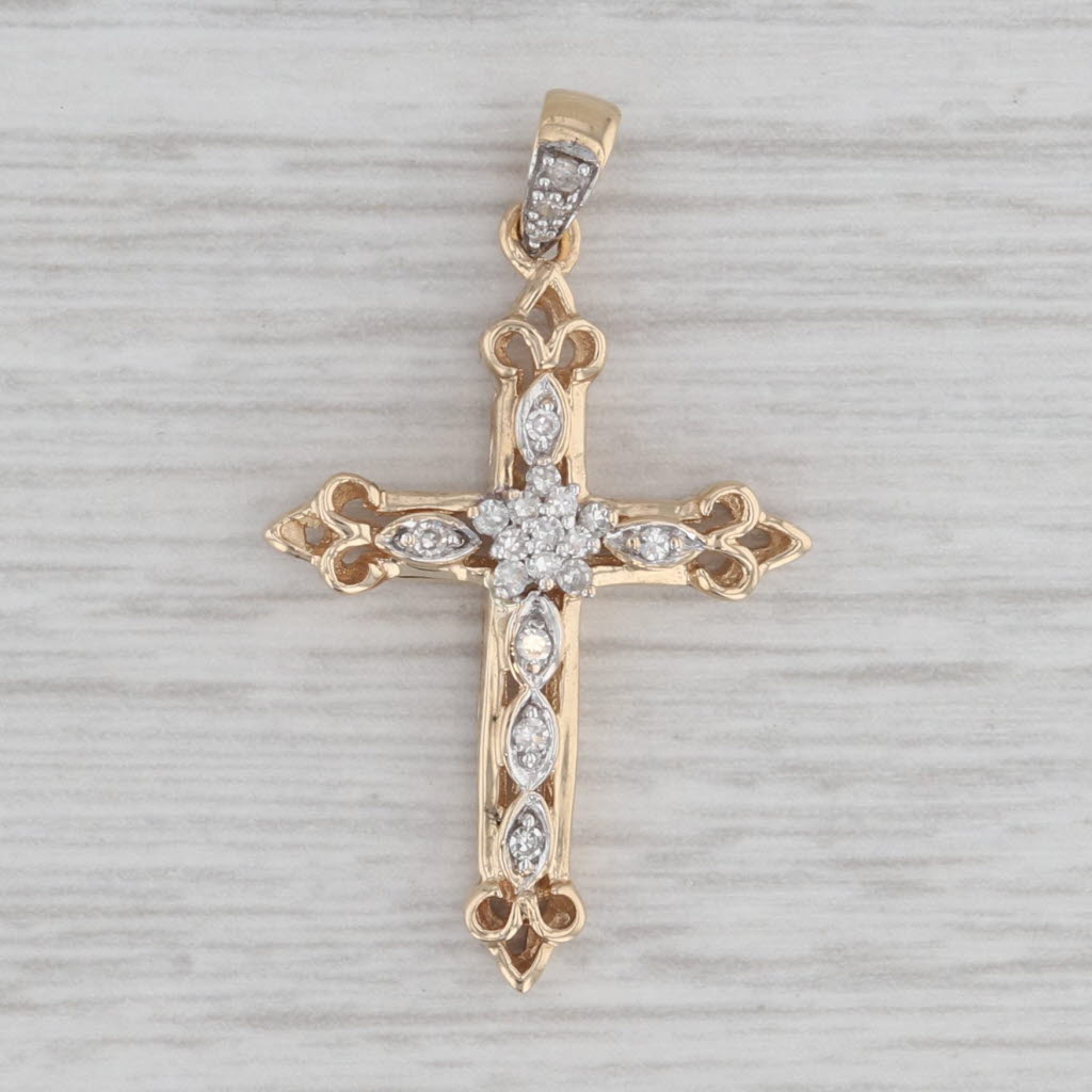 Gray Diamond Openwork Cross Pendant 14k Yellow Gold Religious Jewelry