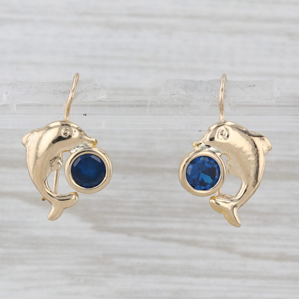 Light Gray Blue Glass Dolphin Drop Earrings 10k Yellow Gold Hook Posts