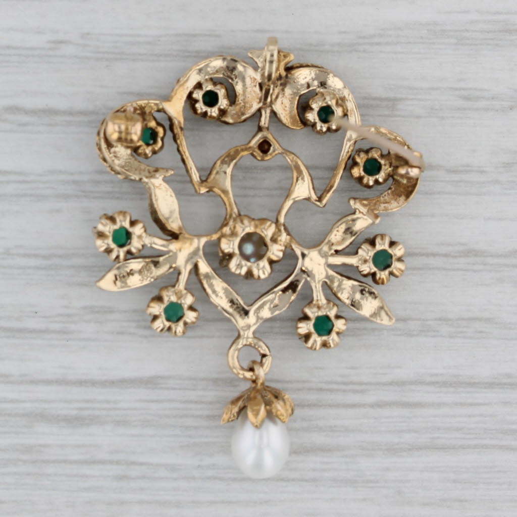 Gray Green Chalcedony Cultured Pearl Drop Brooch 14k Yellow Gold Vintage Floral Pin