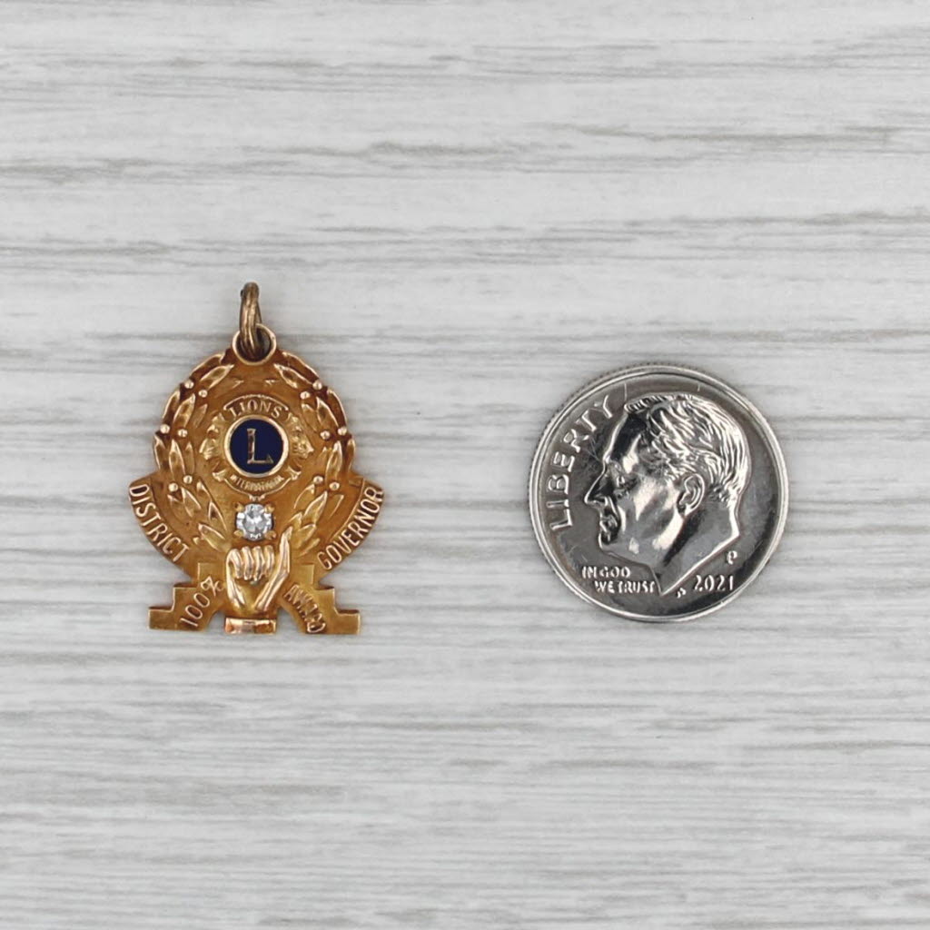Vintage Lions Club Charm 10k Gold Diamond District Governor 100% Award