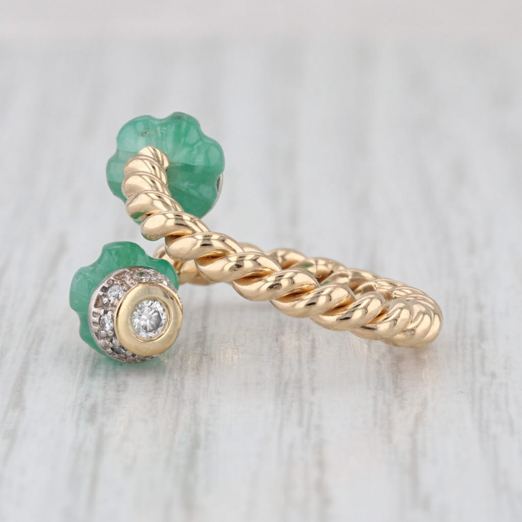 Emerald Bead Diamond Bypass Ring 14k Yellow Gold Size 7 Adjustable