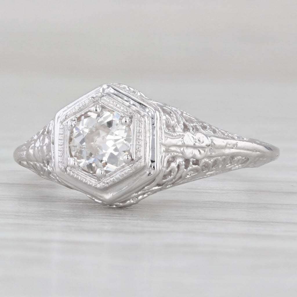 Light Gray Art Deco 0.30ct Old Mine Diamond Filigree Engagement Ring 14k White Gold Size 5