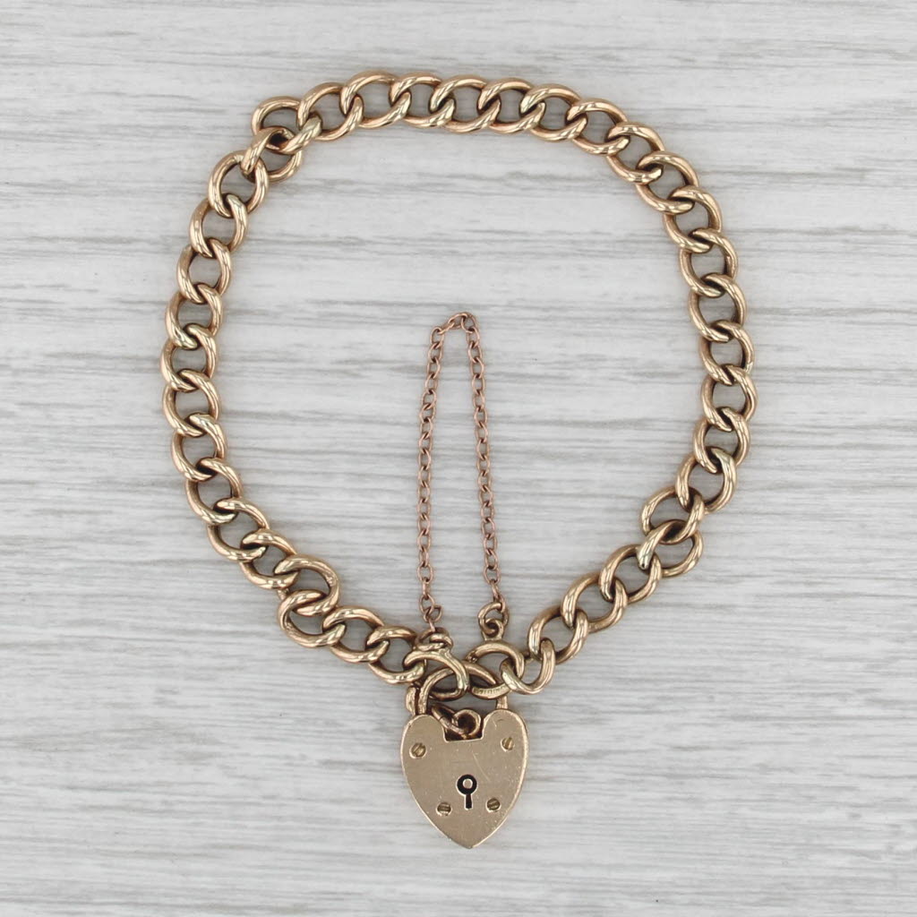 Vintage Pad Lock Heart Charm Bracelet 9k Yellow Gold 7" Curb Chain British