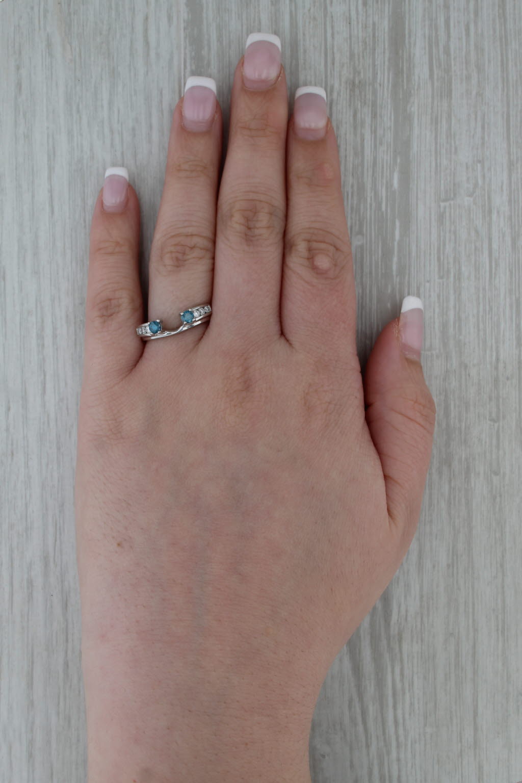 0.44ctw Blue White Sapphire Wedding Band Guard Ring 14k White Gold Stackable