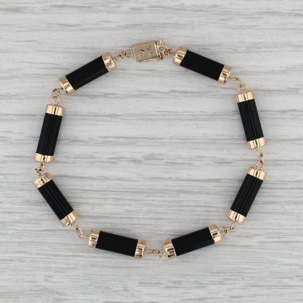 Onyx Tube Link Bracelet 14k Yellow Gold 7" 5.3mm Longevity Chinese Character