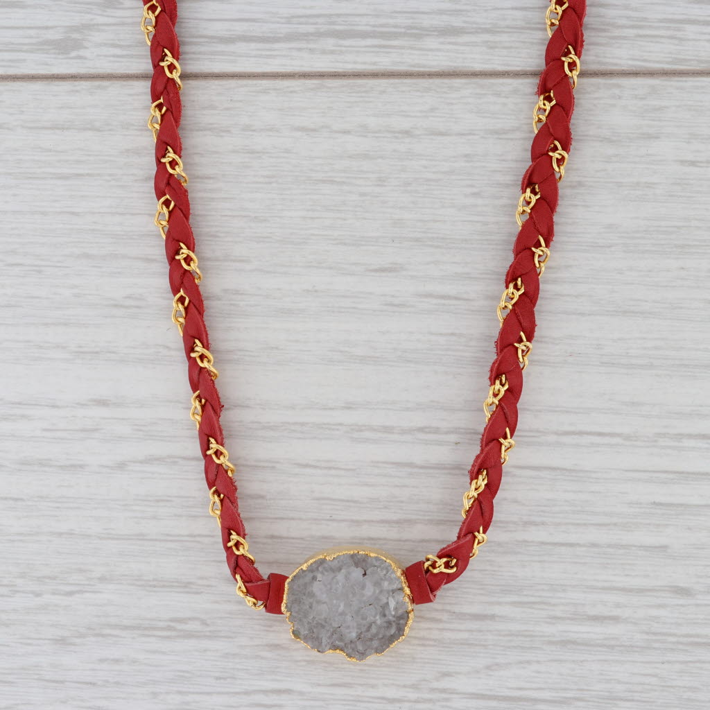 New Nina Wynn Cordelia Necklace White Druzy Woven Red Leather Gold Vermeil