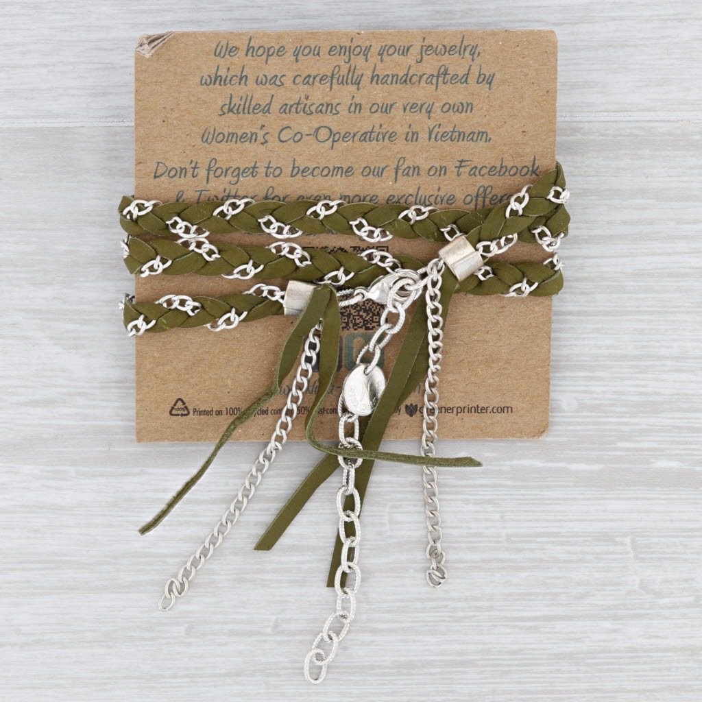New Nina Wynn Cordelia Necklace Woven Green Leather White Druzy Quartz Pendant