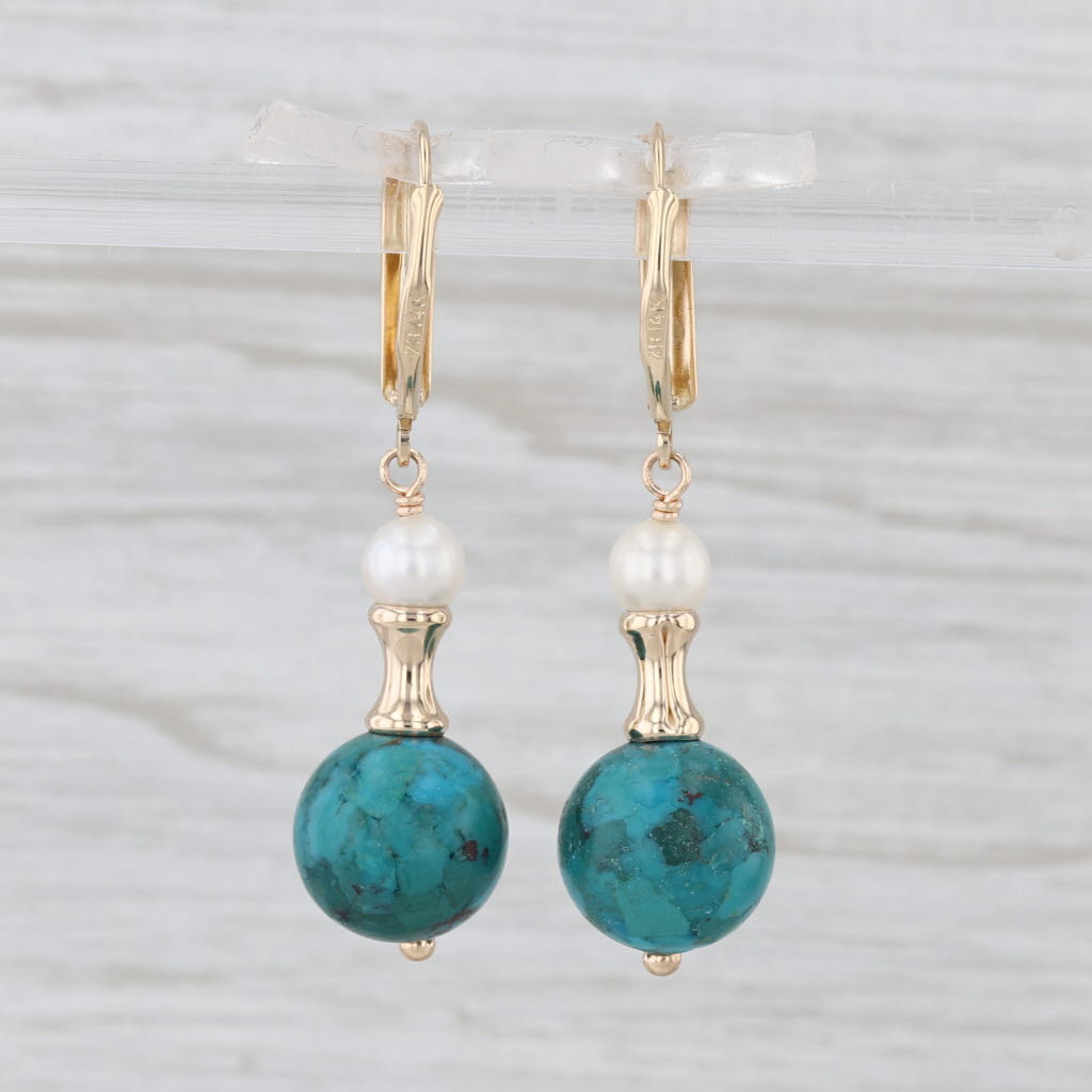 Cultured Pearl Green Bead Dangle Earrings 14k Yellow Gold Lever Backs