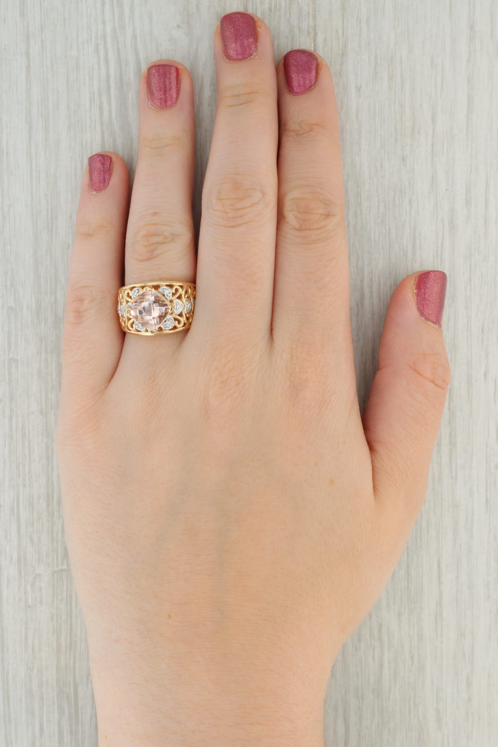 Tan 3.62ctw Morganite Diamond Cocktail Ring 14k Yellow Gold Size 9