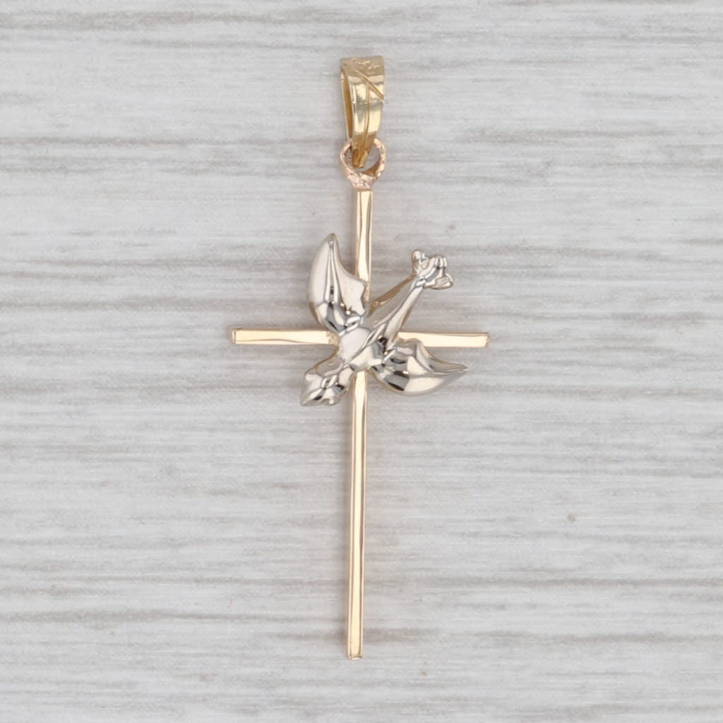 Light Gray Dove Cross Pendant 14k Yellow White Gold Small Drop Religious Jewelry