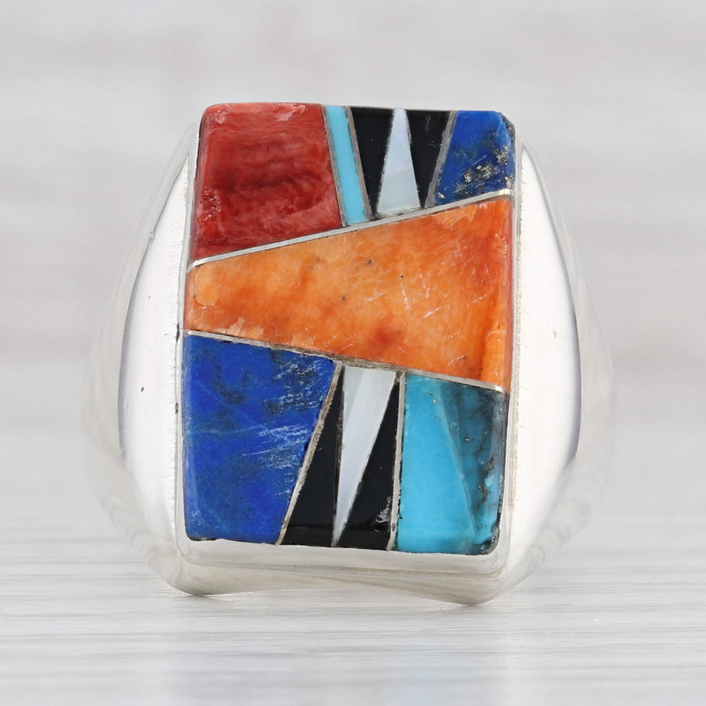 Light Gray Native American Stone Mosaic Ring Sterling Silver Size 13.5 DL Statement