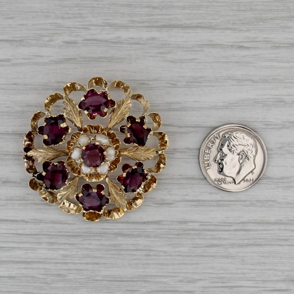 Vintage French 5ctw Garnet Pearl Flower Brooch 18k Yellow Gold Large Pin