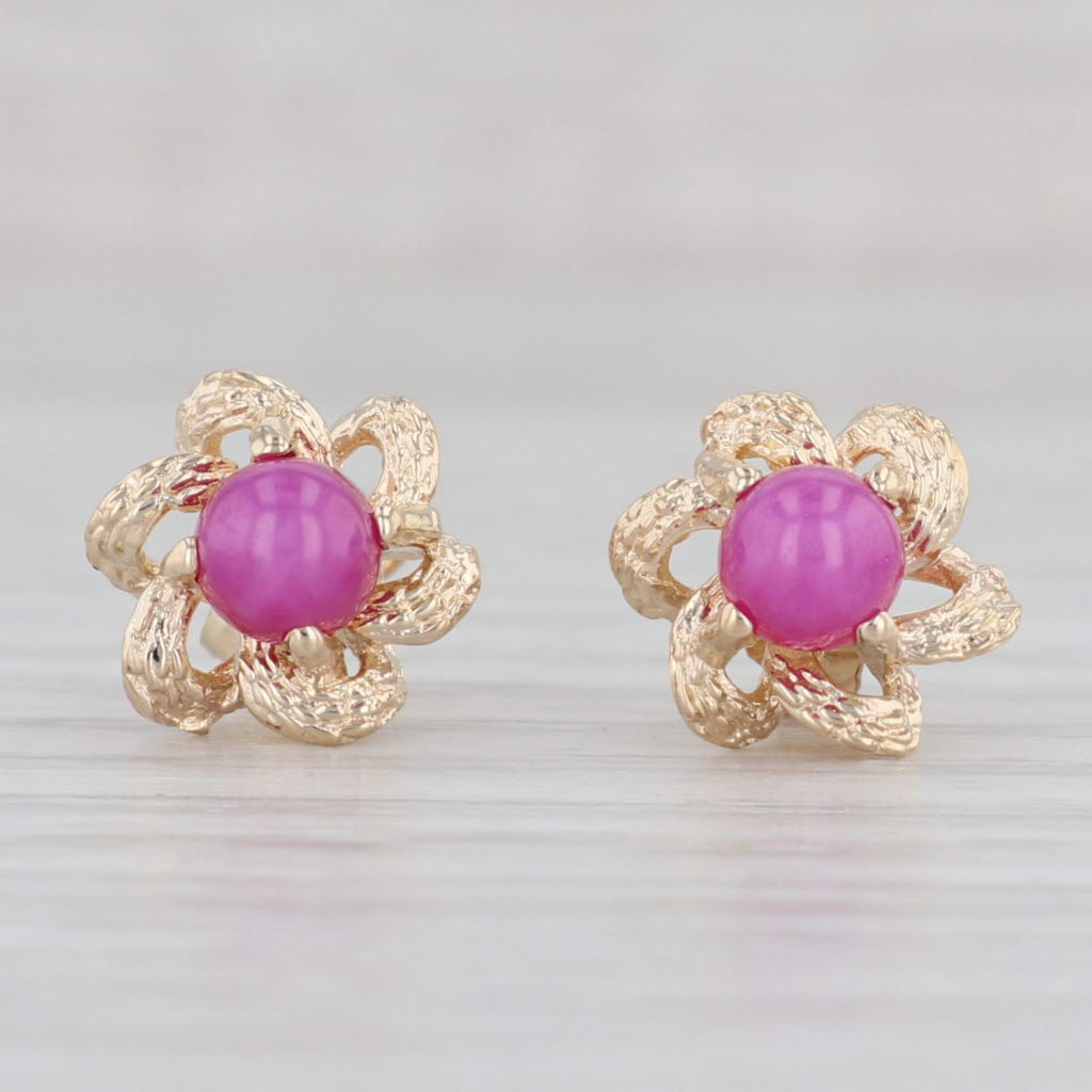 Light Gray Lab Created Ruby Flower Stud Earrings 14k Yellow Gold Round Cabochons