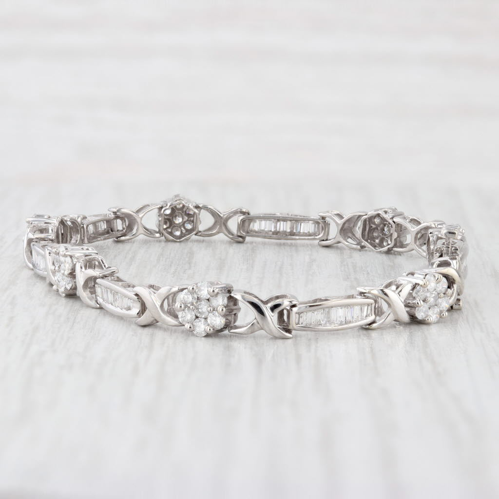 Light Gray 2.25ctw Diamond Flower Cluster Bar Links Tennis Bracelet 14k White Gold 7.5"