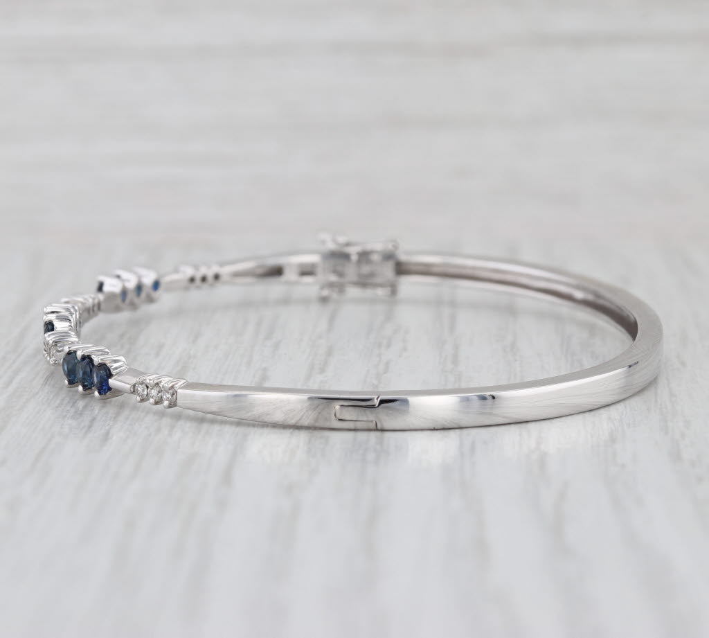 1.27ctw Blue Sapphire Diamond Bangle Bracelet 14k White Gold 7"