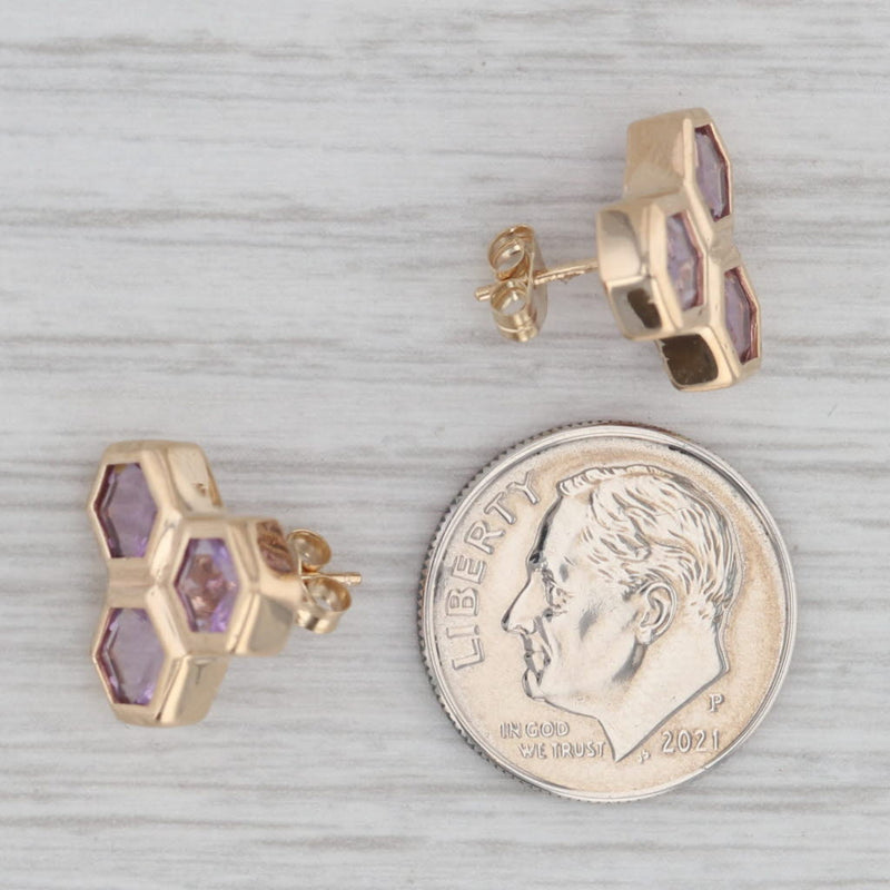New Amethyst Hexagon Cluster Stud Earrings 14k Yellow Gold