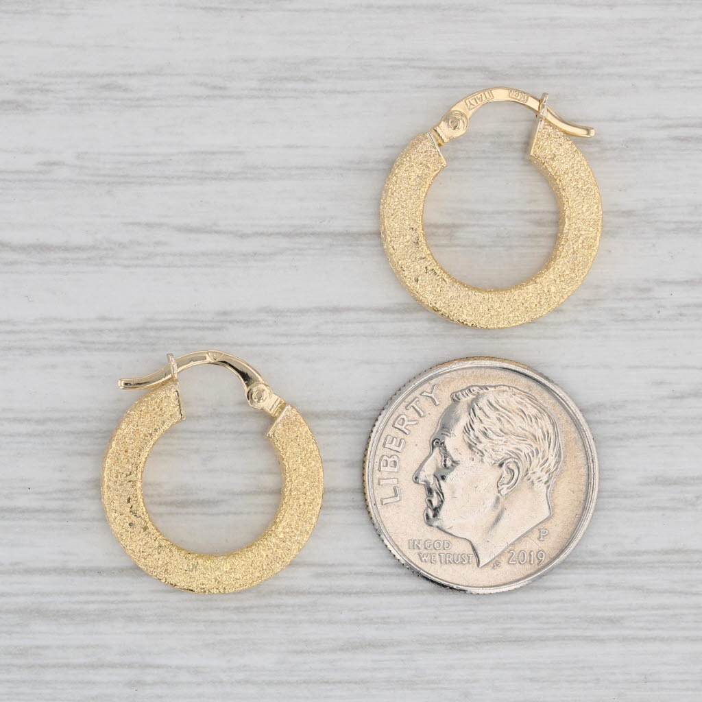 Gray Shimmering Brushed Hoop Earrings 14k Yellow Gold Round Hoops Snap Top