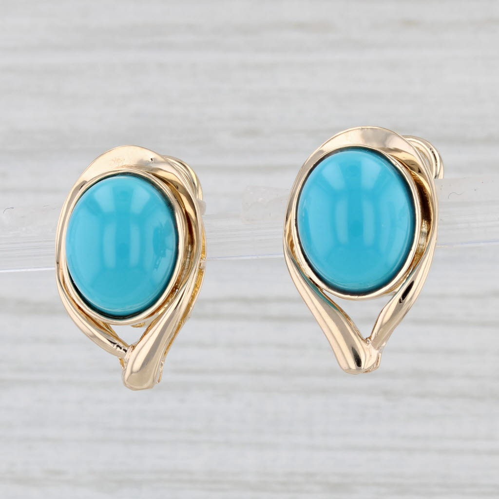 Light Gray Imitation Turquoise Glass Cabochon Teardrop Earrings 14k Yellow Gold Omega Backs