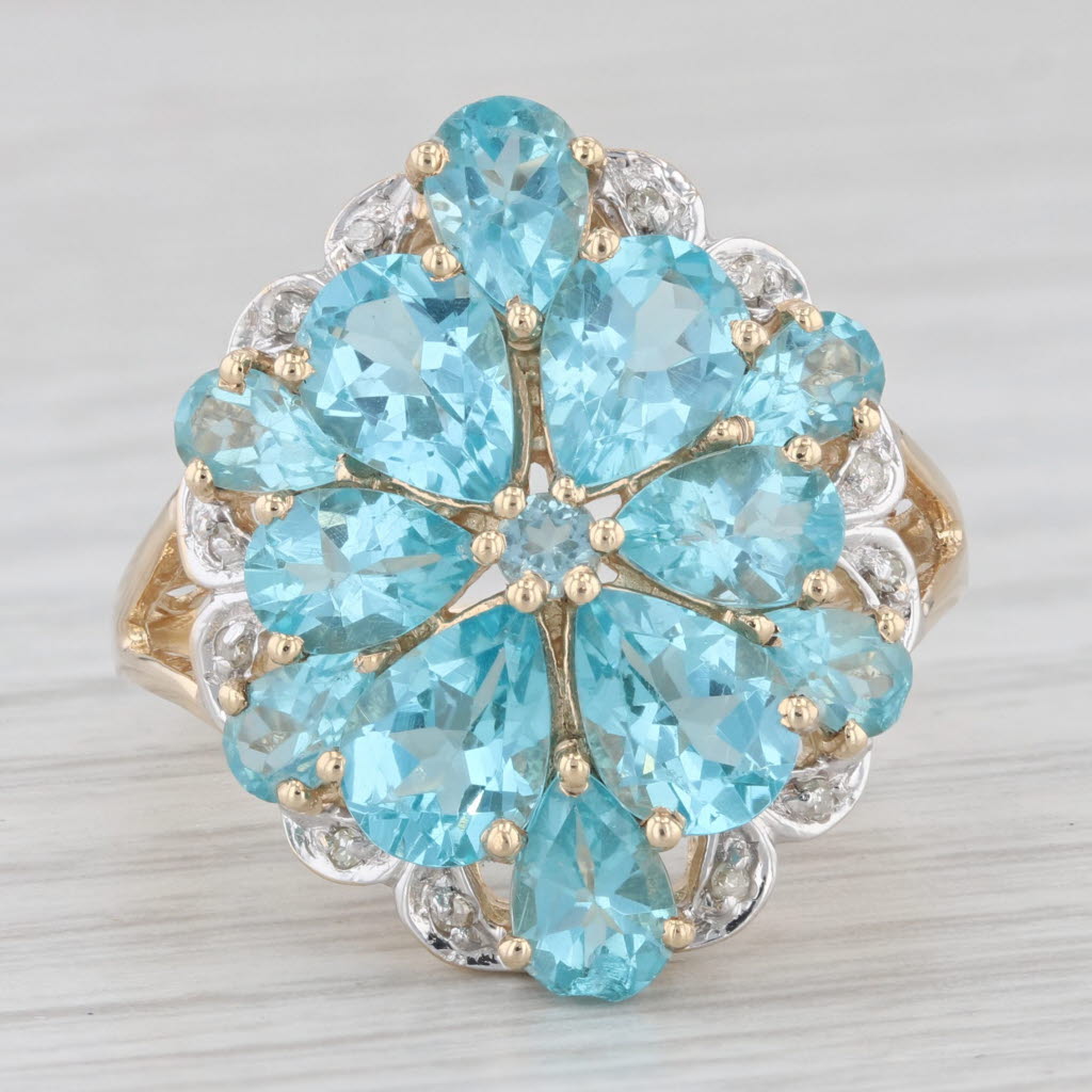 Light Gray 5.83ctw Teal Apatite Diamonds Flower Cluster Ring 14k Yellow Gold Size 7.25