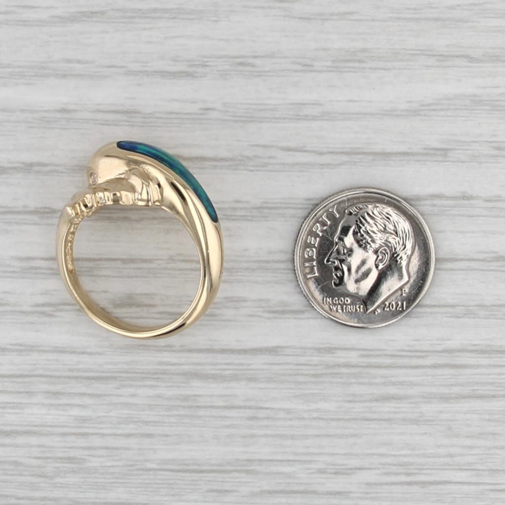 Lab Created Opal Diamond Dolphin Bypass Ring 14k Yellow Gold Size 6.75