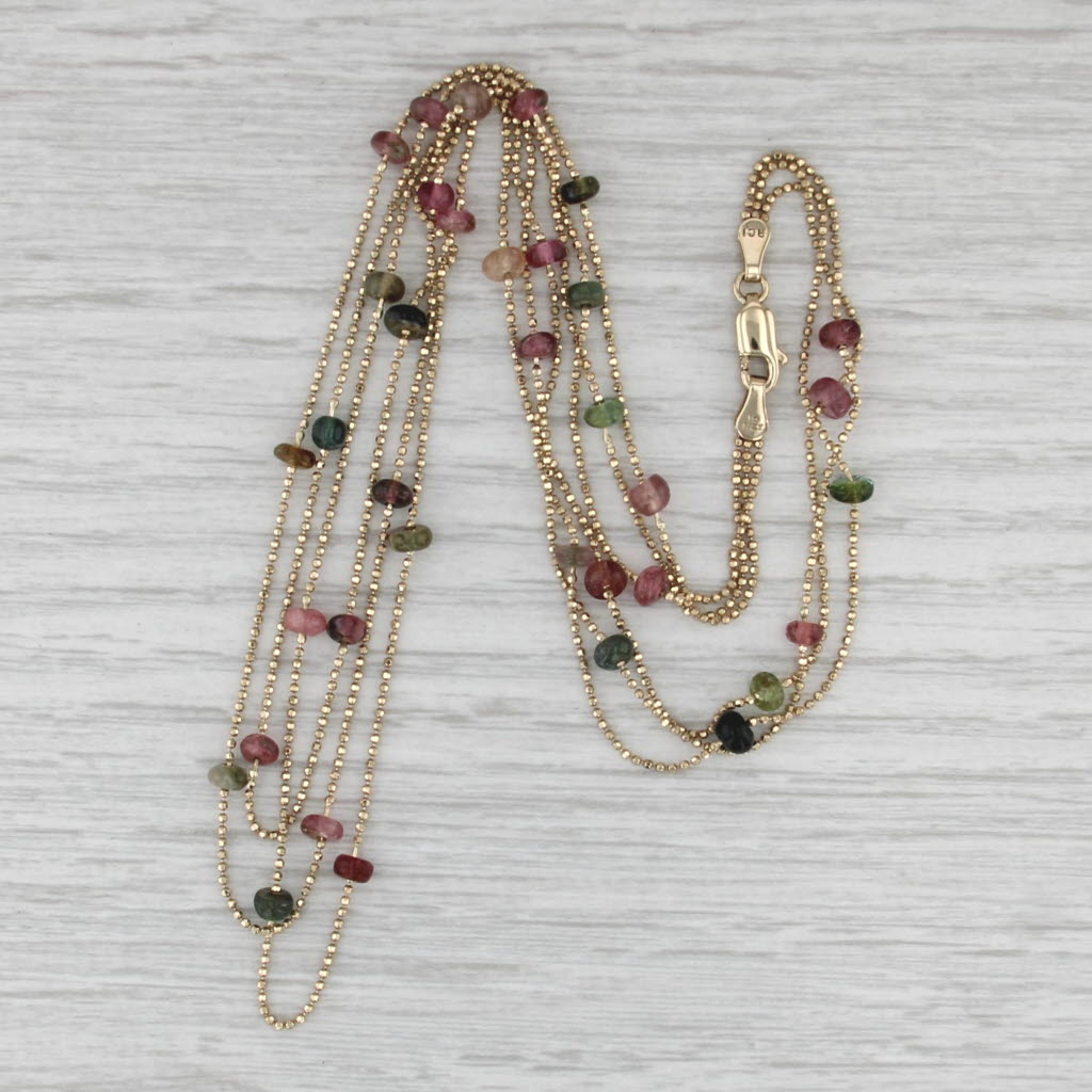3-Strand Bead Chain Necklace Tourmaline Stations 14k Yellow Gold 17"