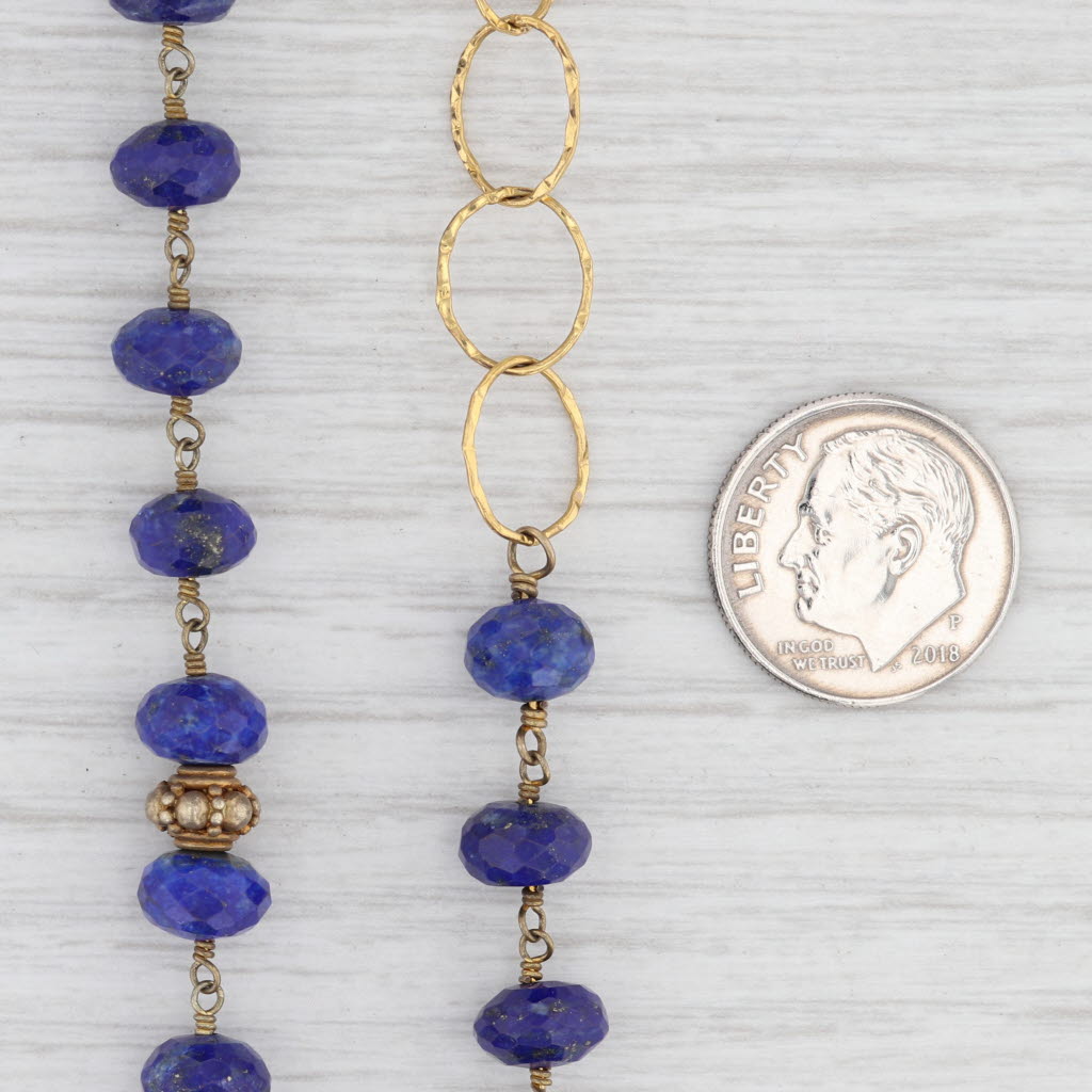 New Nina Wynn Blue Lapis Lazuli Bead Necklace Adjustable Sterling Gold Vermeil