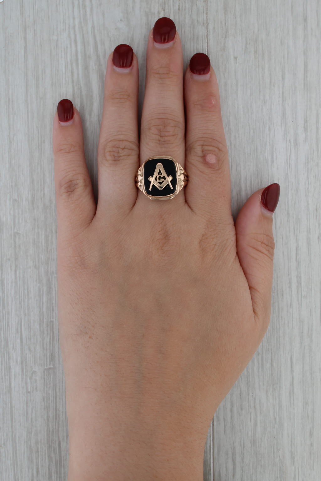 Onyx Masonic Signet Ring 10k Yellow Gold Size 11 Blue Lodge Square Compass
