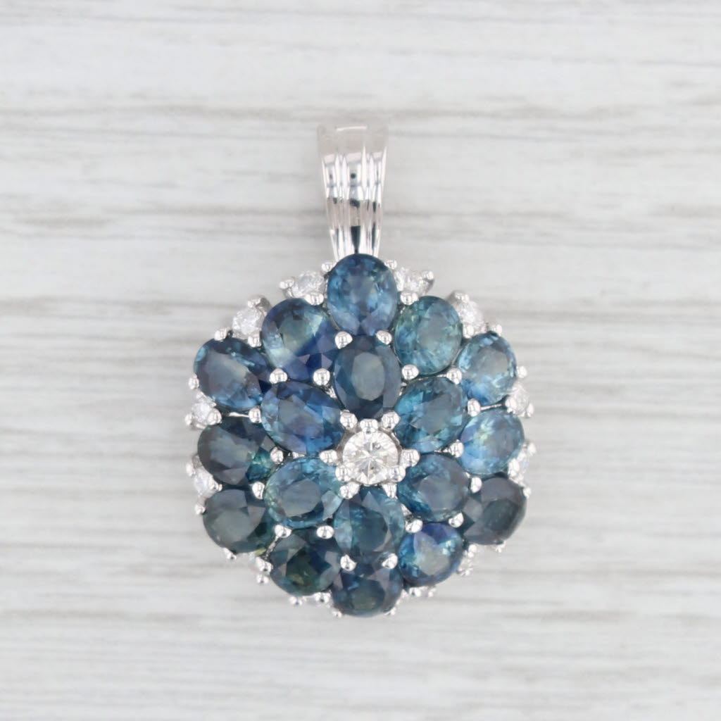 Light Gray 8.84ctw Blue Sapphire Diamond Cluster Flower Pendant 14k White Gold Statement