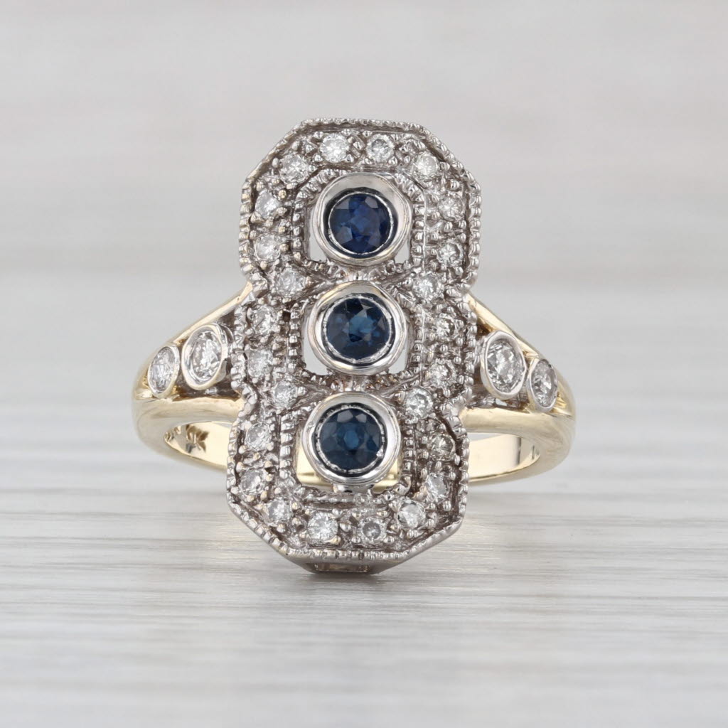 0.61ctw 3-Stone Blue Sapphire Diamond Halo Ring 10k White Yellow Gold Size 6.75