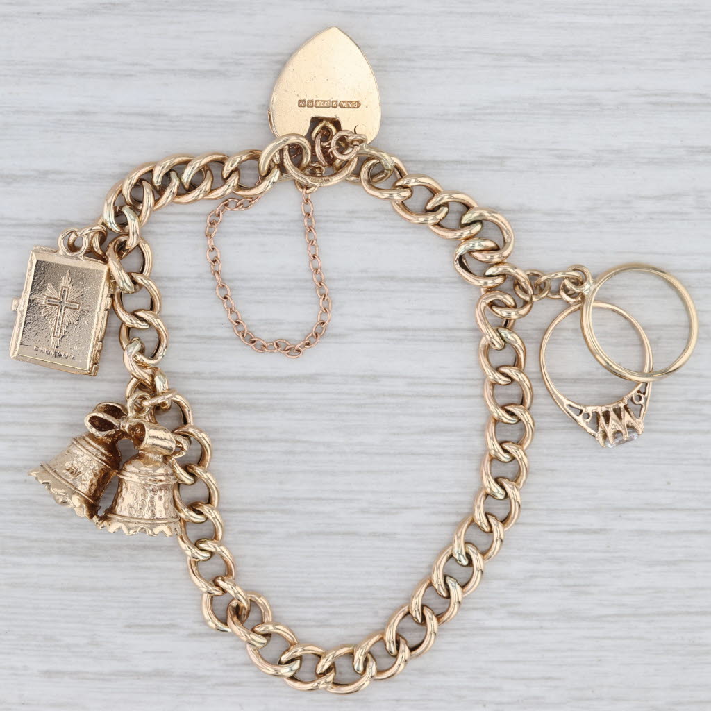 Vintage Bridal Themed Charm Bracelet 9k Gold 6.5" Curb Chain Ring Bible Bells