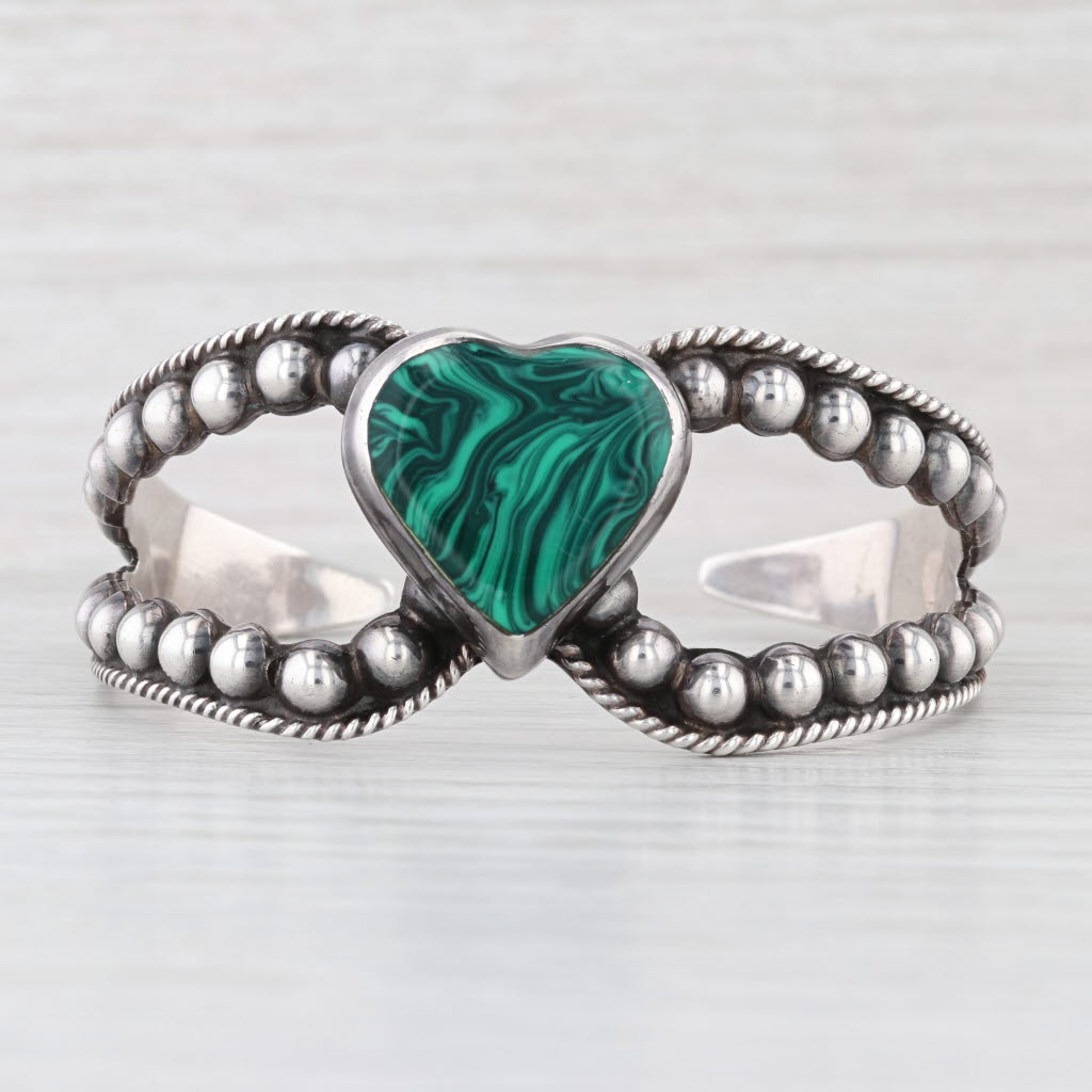 Vintage Southwestern Green Resin Heart Sterling Silver Cuff Bracelet