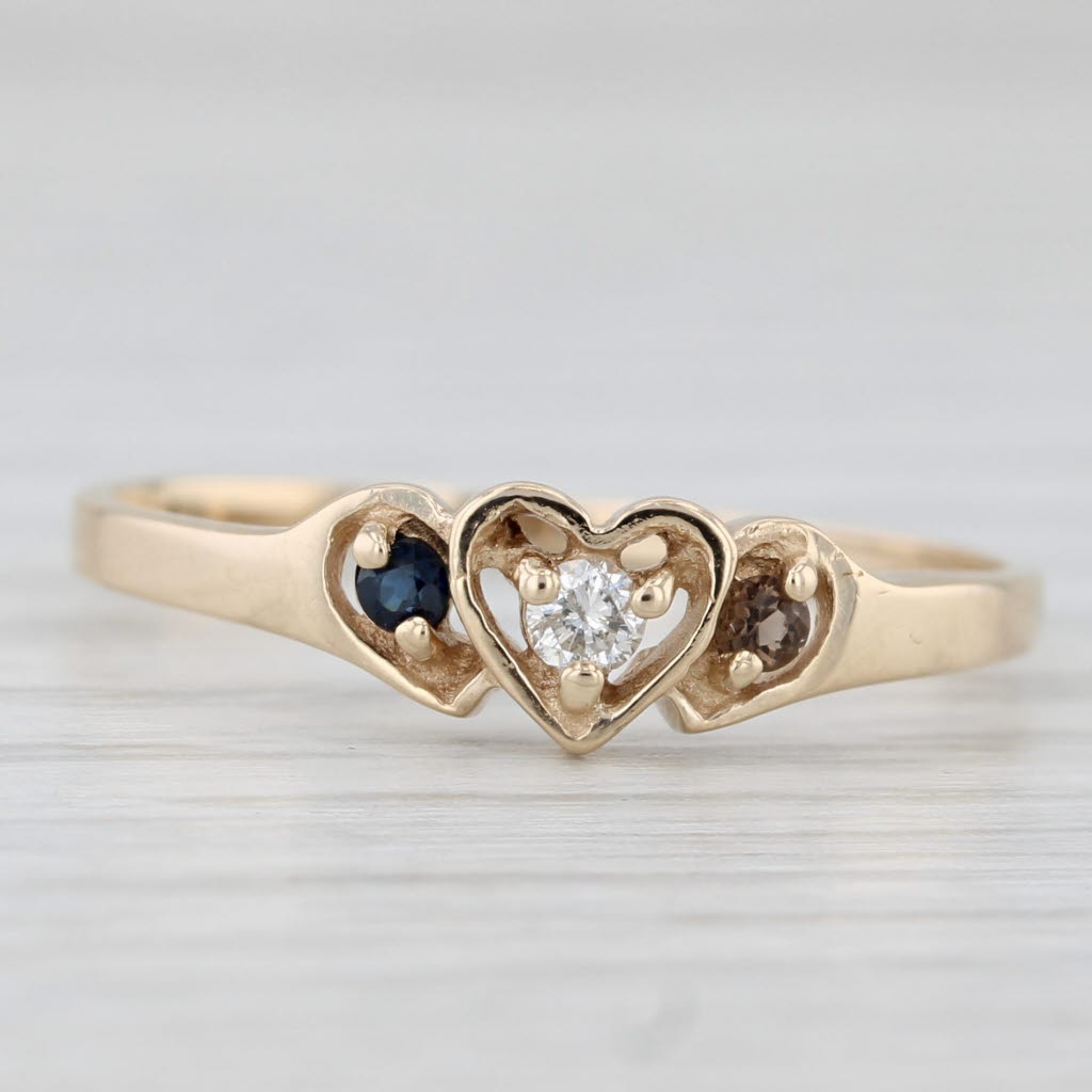 Light Gray 0.10ctw Diamond Blue Sapphire Smoky Quartz Heart Ring 10k Yellow Gold Size 9.25