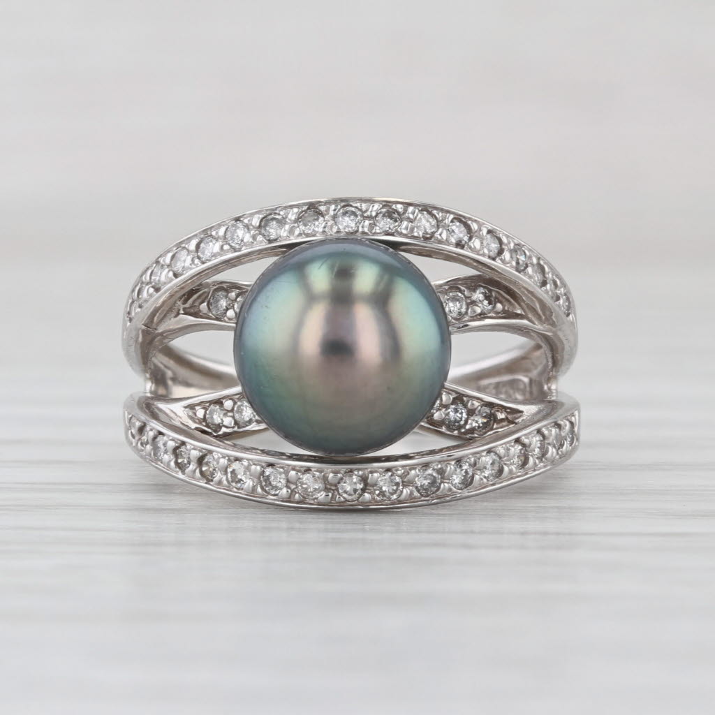 9.3mm Gray Cultured Pearl Diamond Ring 14k White Gold Size 7.25