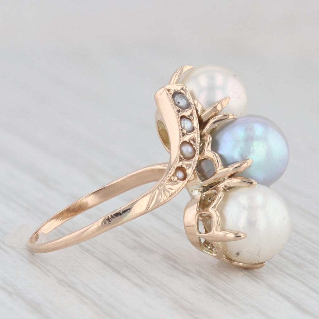 Light Gray Vintage 3-Stone Cultured Pearl Bypass Ring 14k Yellow Gold Cocktail Size 5