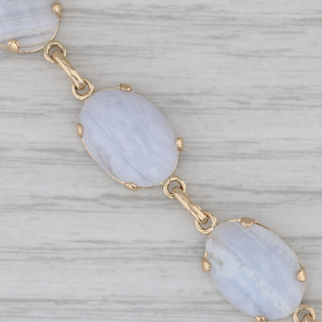 Gray Blue Lace Agate Oval Cabochon Bracelet 10k Yellow Gold 7.25" 10mm