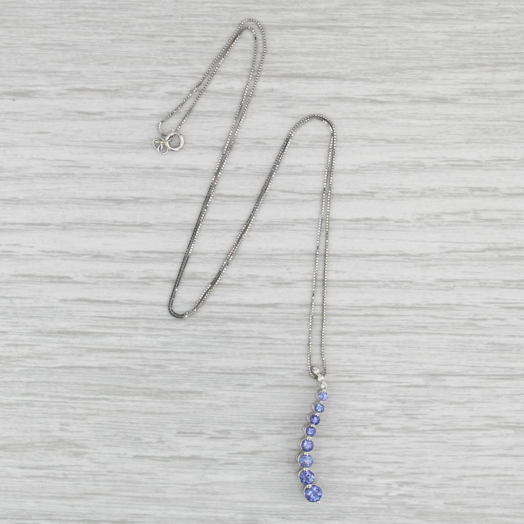 0.91ctw Tanzanite Diamond Journey Pendant Nedcklace 14k White Gold 18" Box Chain