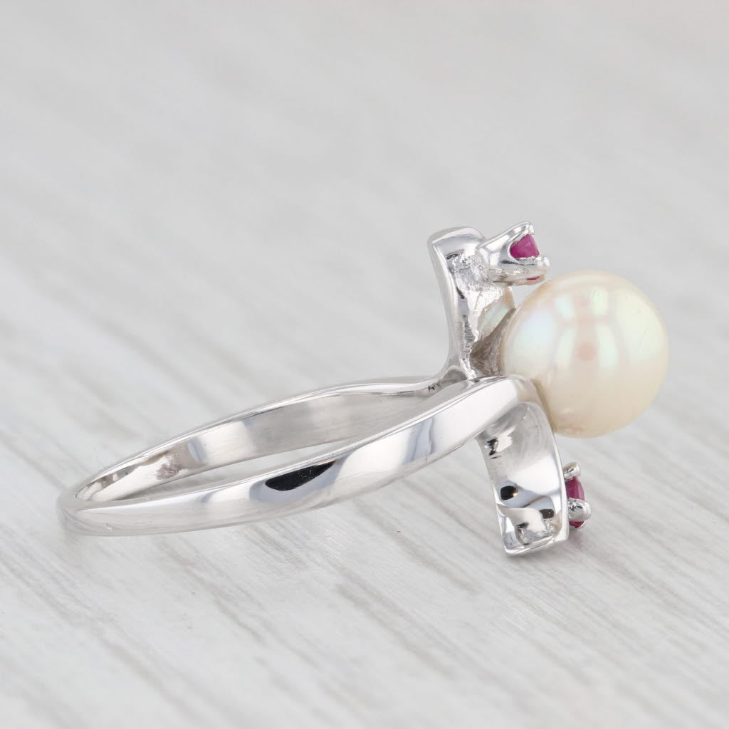 Light Gray Cultured Pearl Ruby Bypass Ring 14k White Gold Size 7