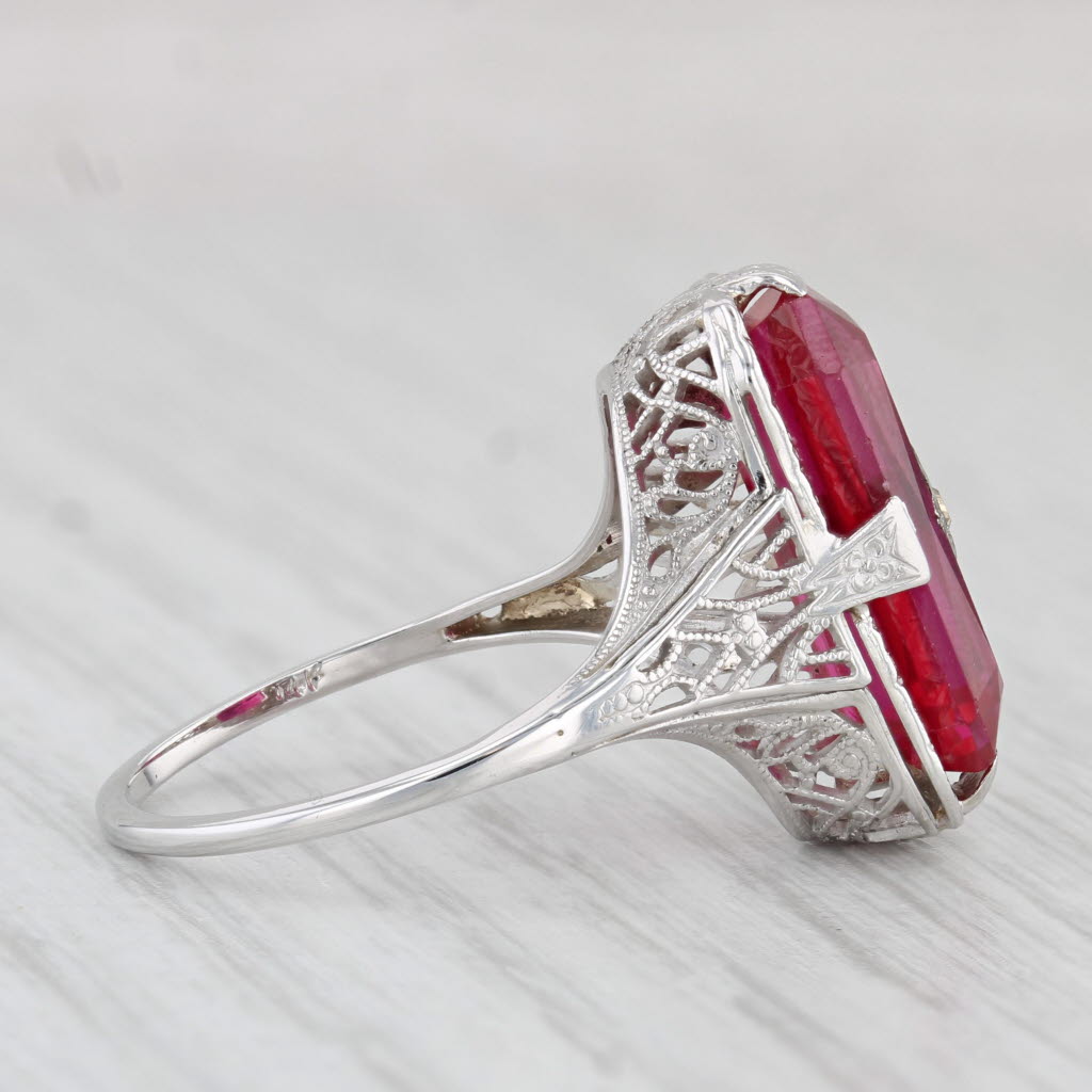 Light Gray Vintage Lab Created Ruby Diamond Signet Ring 14k White Gold Filigree Size 6.5