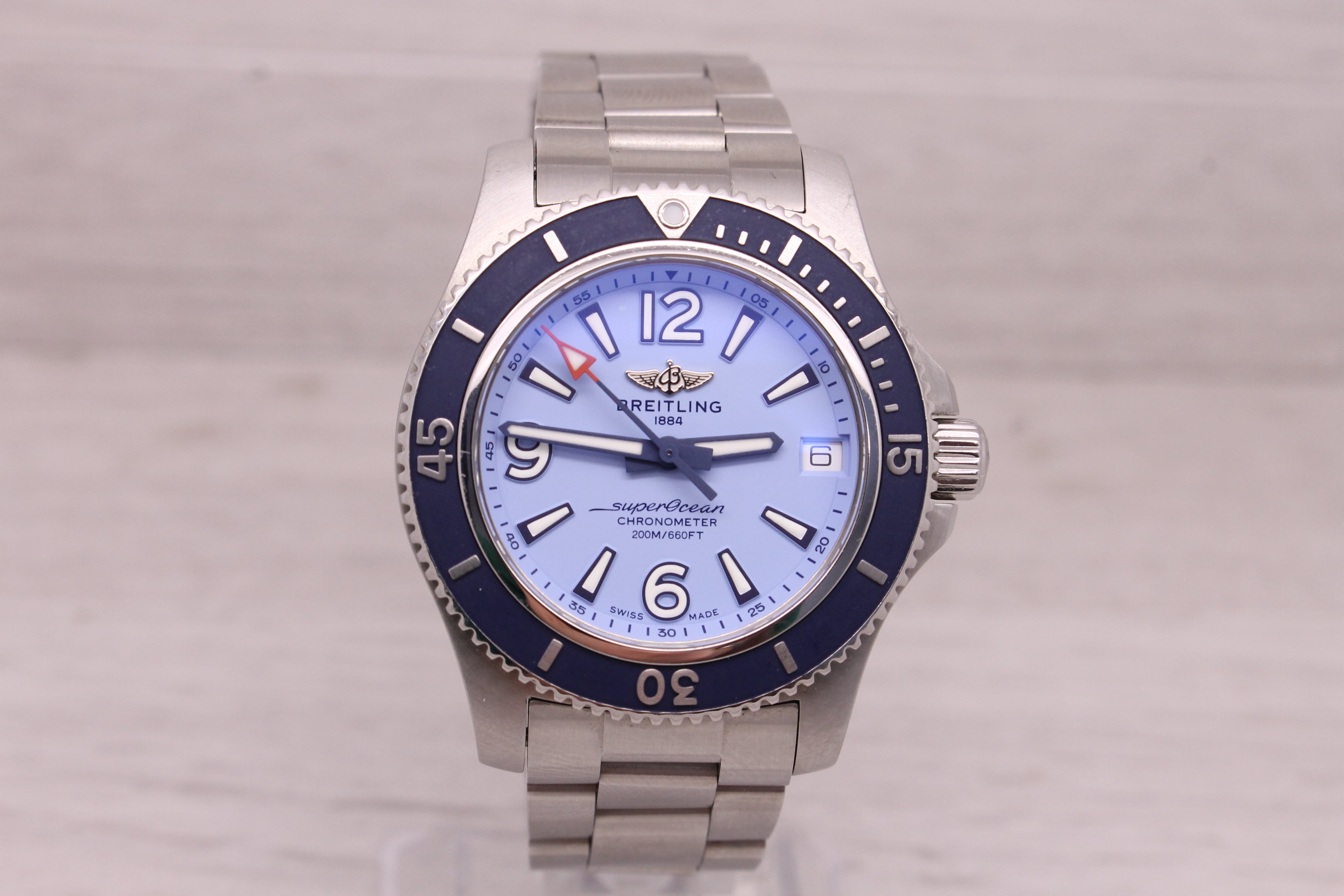 Gray Breitling Superocean 36 mm Steel Automatic Divers Watch Blue w Box Card A17316