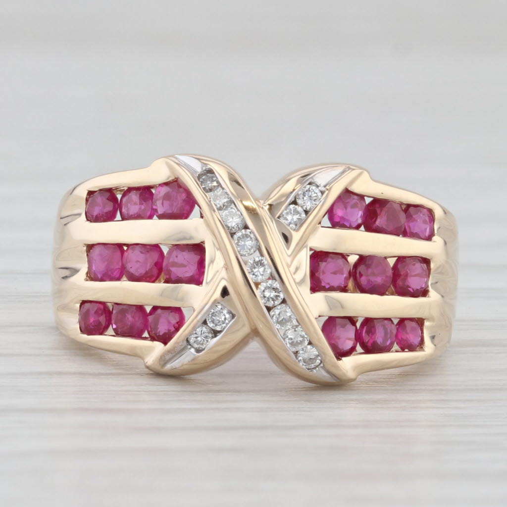 Light Gray 1.20ctw Diamond Ruby Cross Over Round Ring 14k Yellow Gold Size 7.25