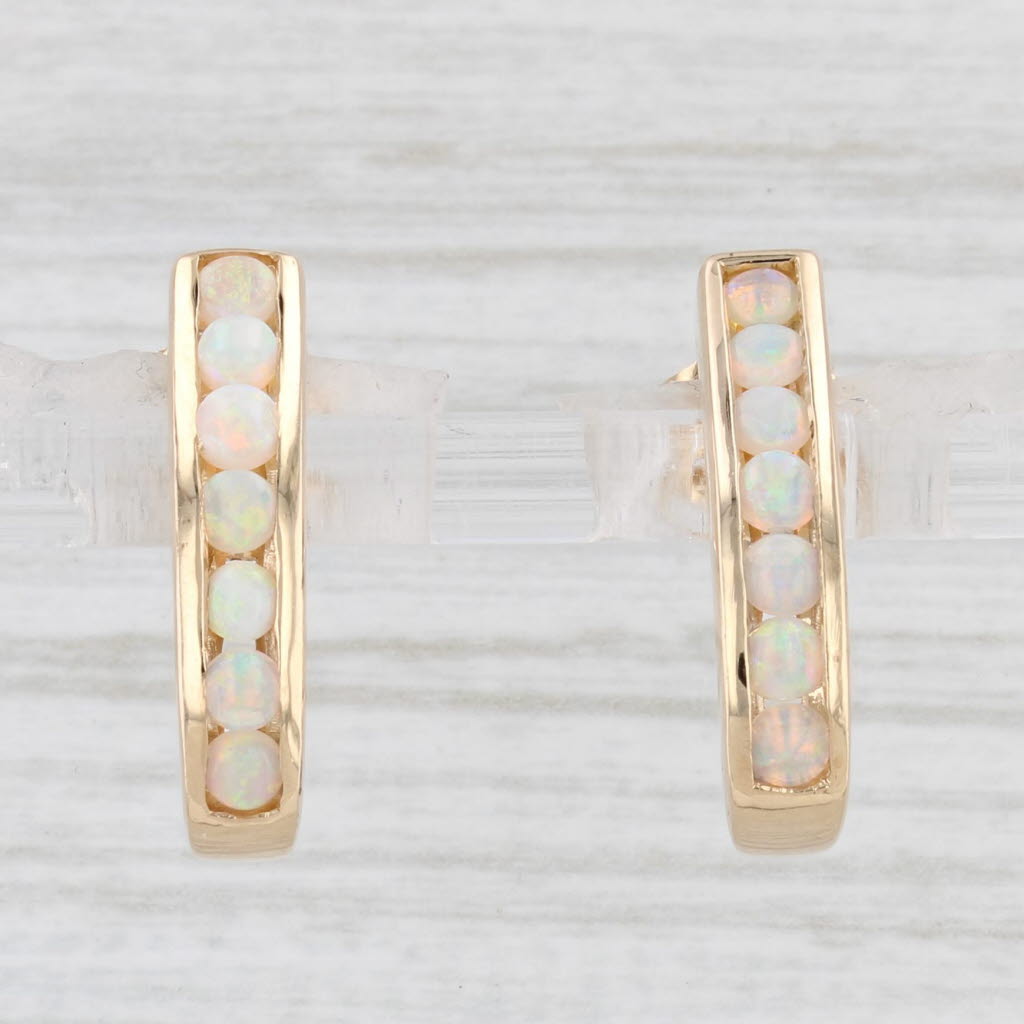 Light Gray Opal Journey J-Hook Earrings 14k Yellow Gold Pierced Drops